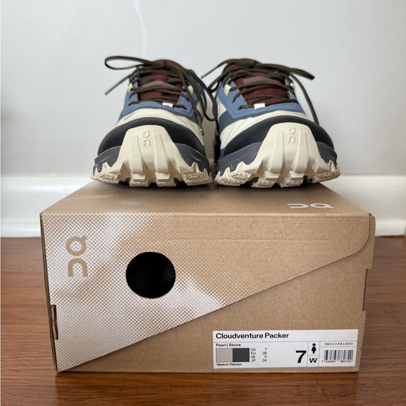 On Running Cream and Blue Athletic Shoes - Picture 2 of 5